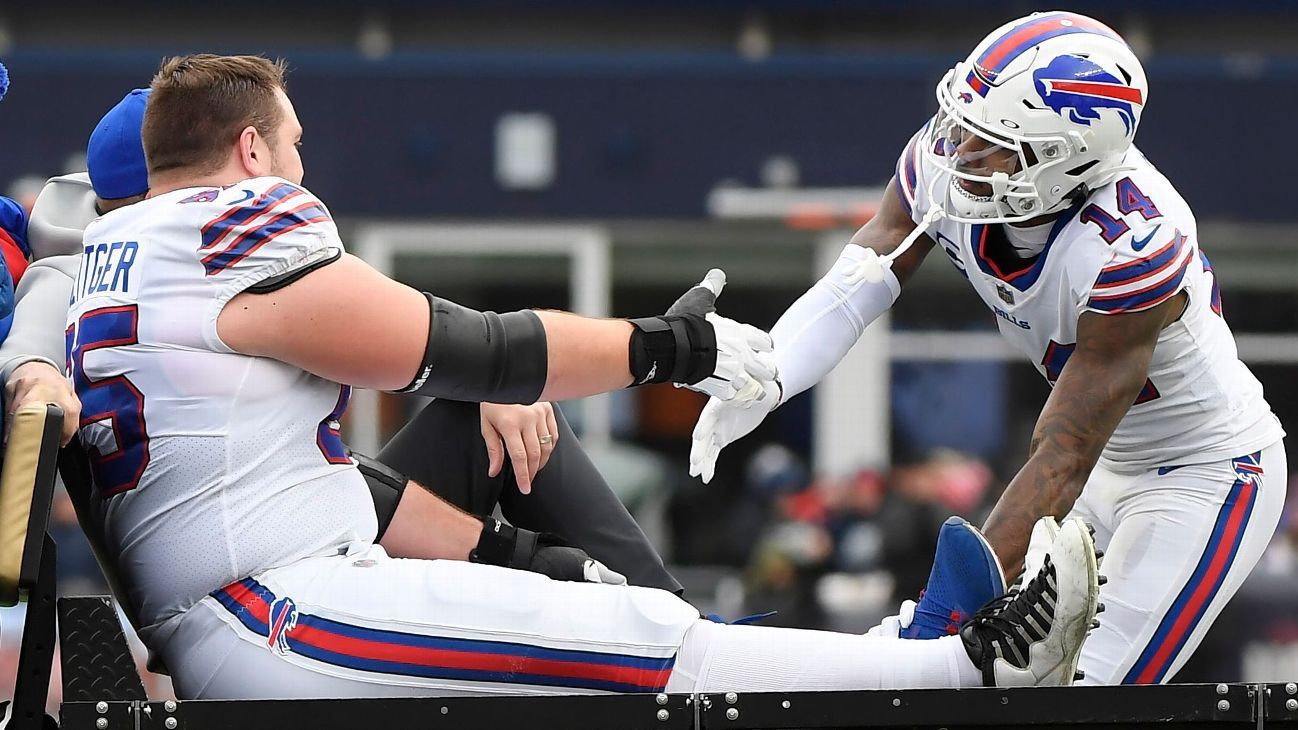 Buffalo Bills guard Ike Boettger (65) and New England Patriots