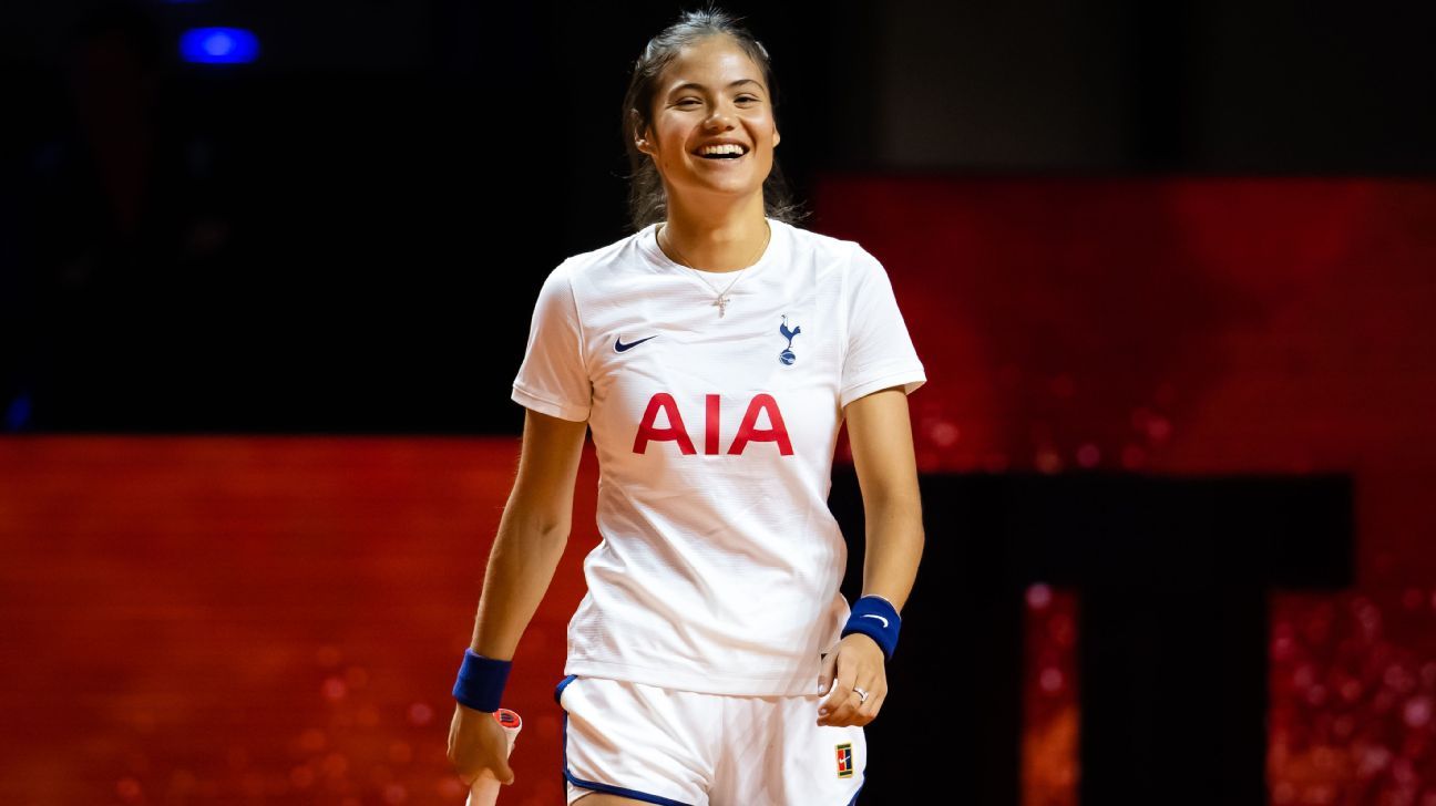 Emma Raducanu pictured in Tottenham jersey during tennis practice