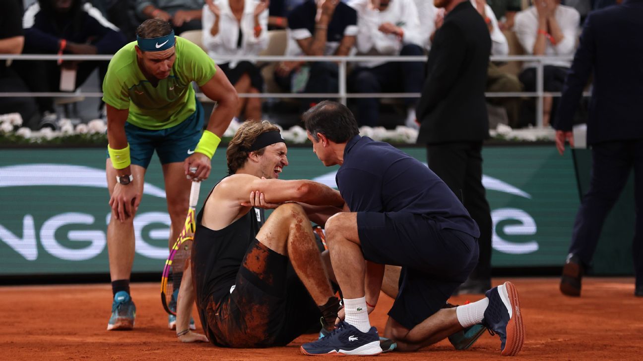 Rafael Nadal reaches French Open final after Alexander Zverev retires with ankle..