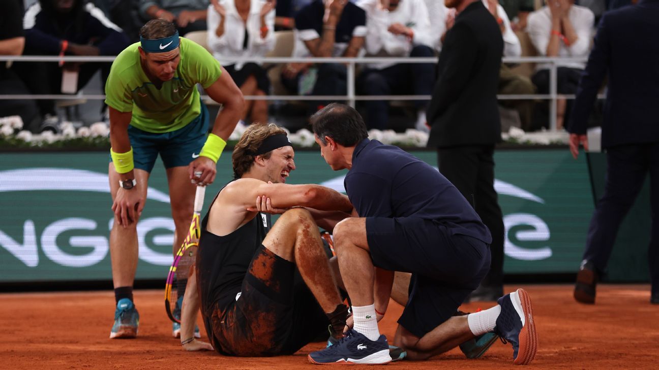 Rafael Nadal avanza a la final del Abierto de Francia luego de que Alexander Sverev se retirara por una lesión en el tobillo