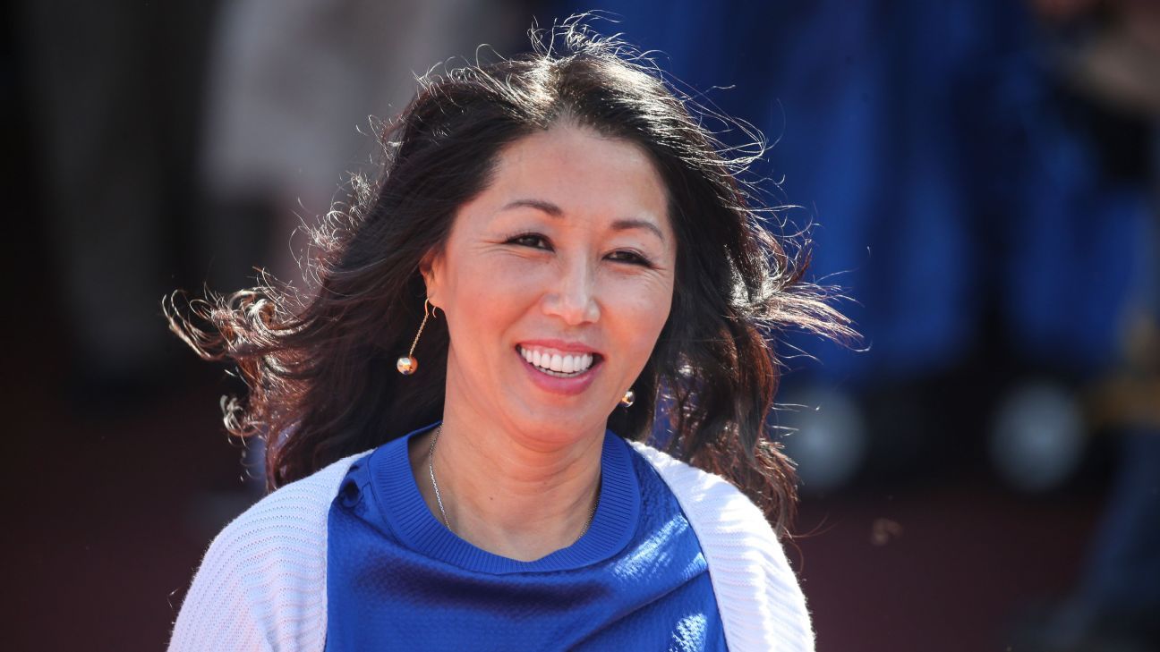 Bills co-owner Kim Pegula chats with Josh Allen