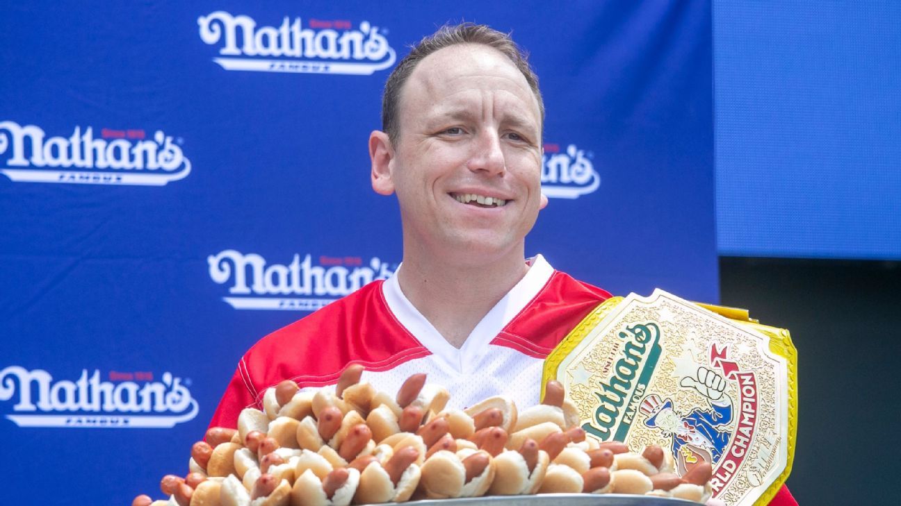 Joey 'Jaws' Chestnut, slowed by injury, captures 15th Fourth of July hot dog eat..