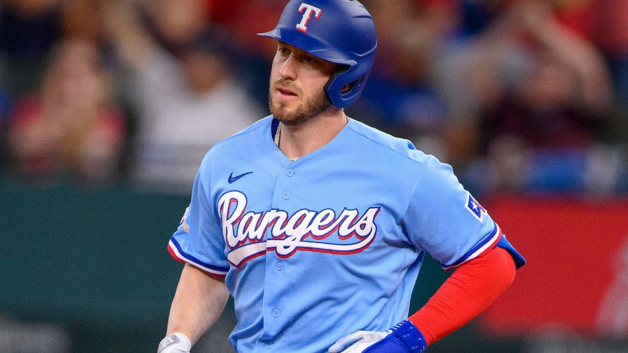 Texas Rangers catcher Mitch Garver (18) poses for a photo with