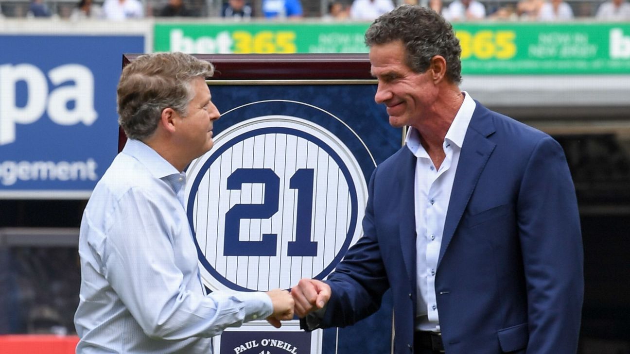 New York Yankees retire Paul O'Neill's No. 21; GM Brian Cashman, owner Hal Stein..