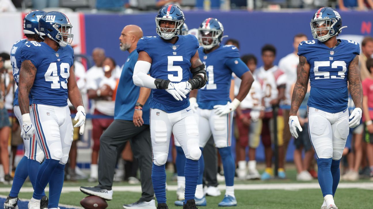 New York Giants defensive end Kayvon Thibodeaux (5) during the first half  of a preseason NFL