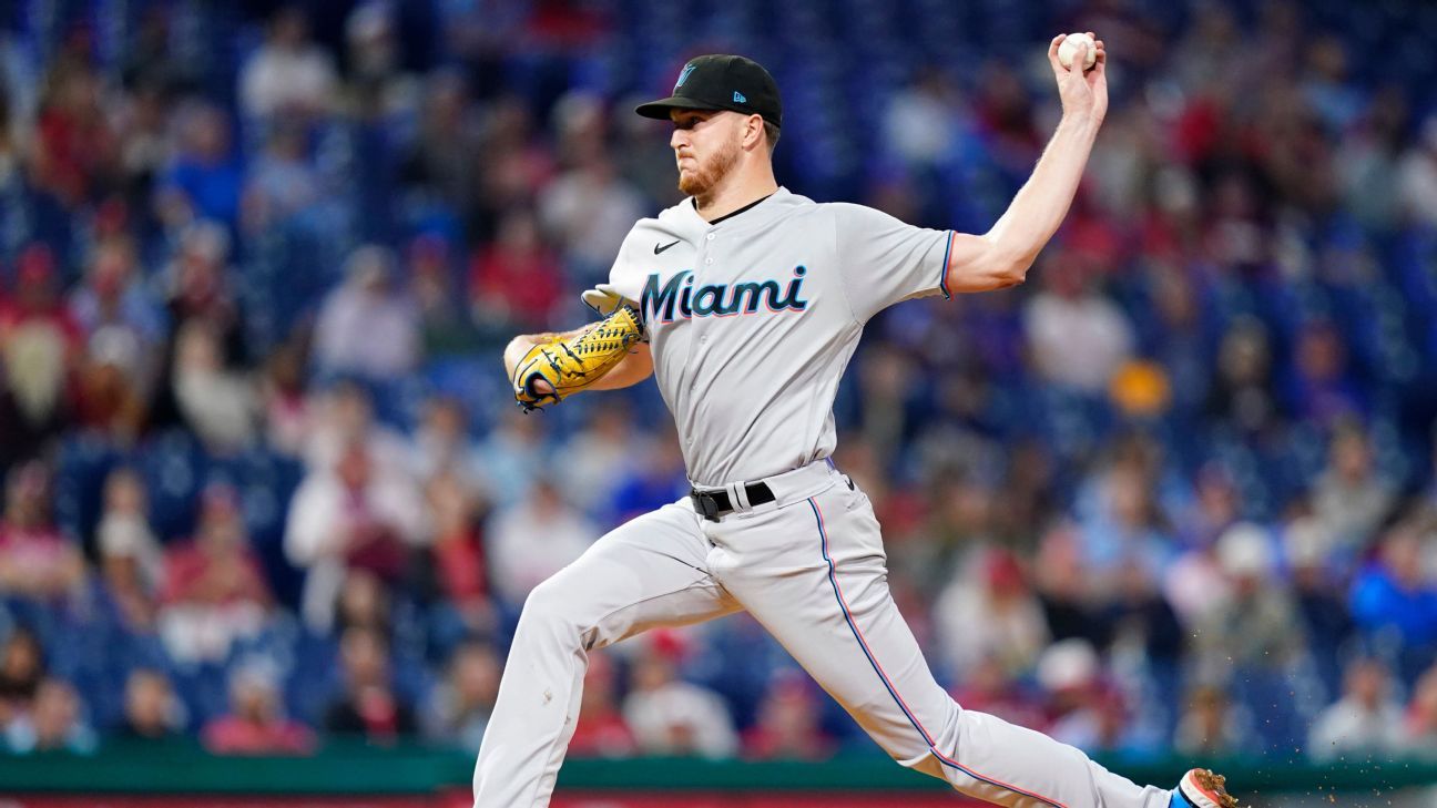 Trevor Rogers of the Miami Marlins celebrates with teammates in