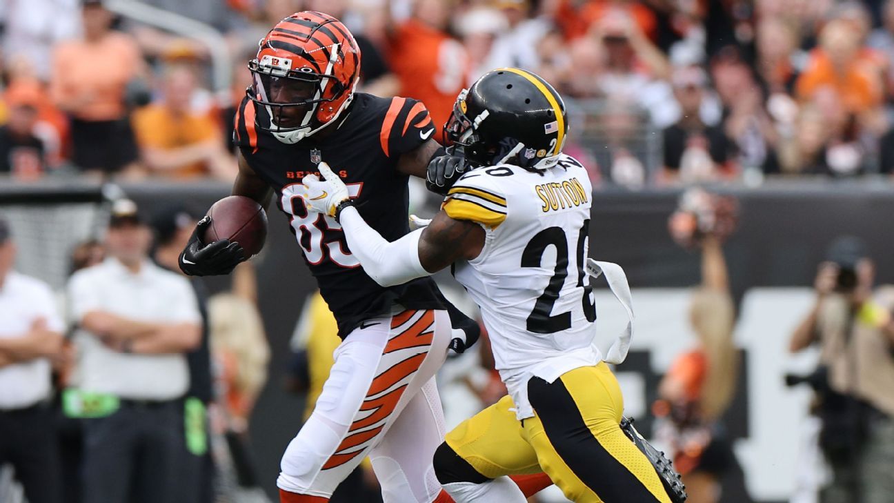 Cincinnati Bengals wide receiver Tee Higgins (85) lines up for the play  during an NFL wild-card football game against the Baltimore Ravens on  Sunday, Jan. 15, 2023, in Cincinnati. (AP Photo/Emilee Chinn