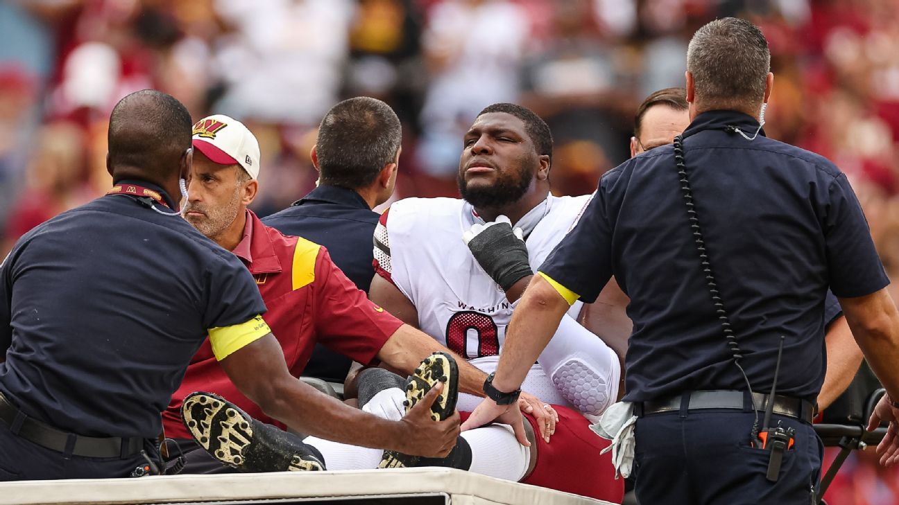 September 11th 2022: Washington Commanders defensive tackle Phidarian  Mathis (98) injures his leg