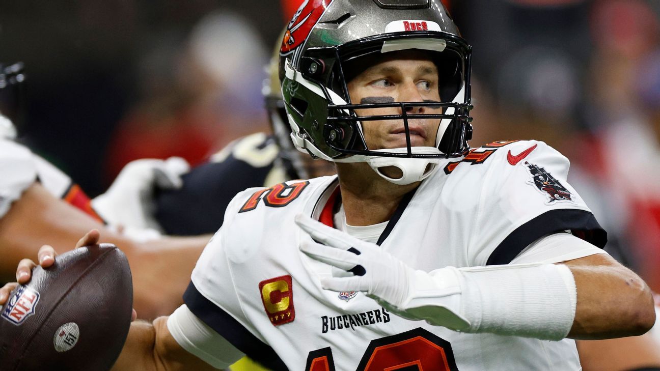 Tampa Bay Buccaneers quarterback Tom Brady (12) wears a Salute to Service  sticker during an NFL football game against the Los Angeles Rams, Sunday,  Nov. 6, 2022 in Tampa, Fla. The Buccaneers