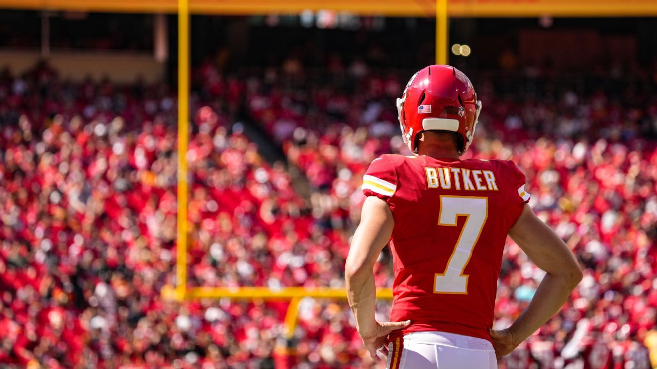 Kansas City Chiefs place kicker Harrison Butker kicks the winning field  goal with eight seconds left in the game giving the Chiefs a 38-35 victory  in