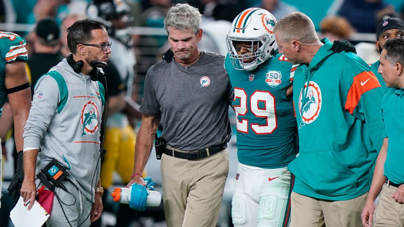 Miami Dolphins safety Brandon Jones (29) eyes the quarterback as he drops  back in coverage during an NFL football game against the Buffalo Bills,  Sunday, Sept. 25, 2022 in Miami Gardens, Fla.