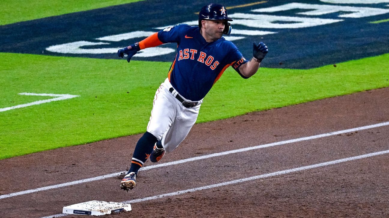 Houston Astros Jose Altuve stands in the infield while New York