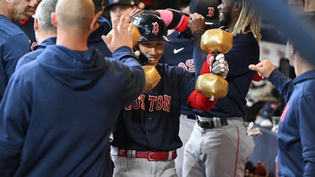 Masataka Yoshida of the Boston Red Sox celebrates as he runs past News  Photo - Getty Images