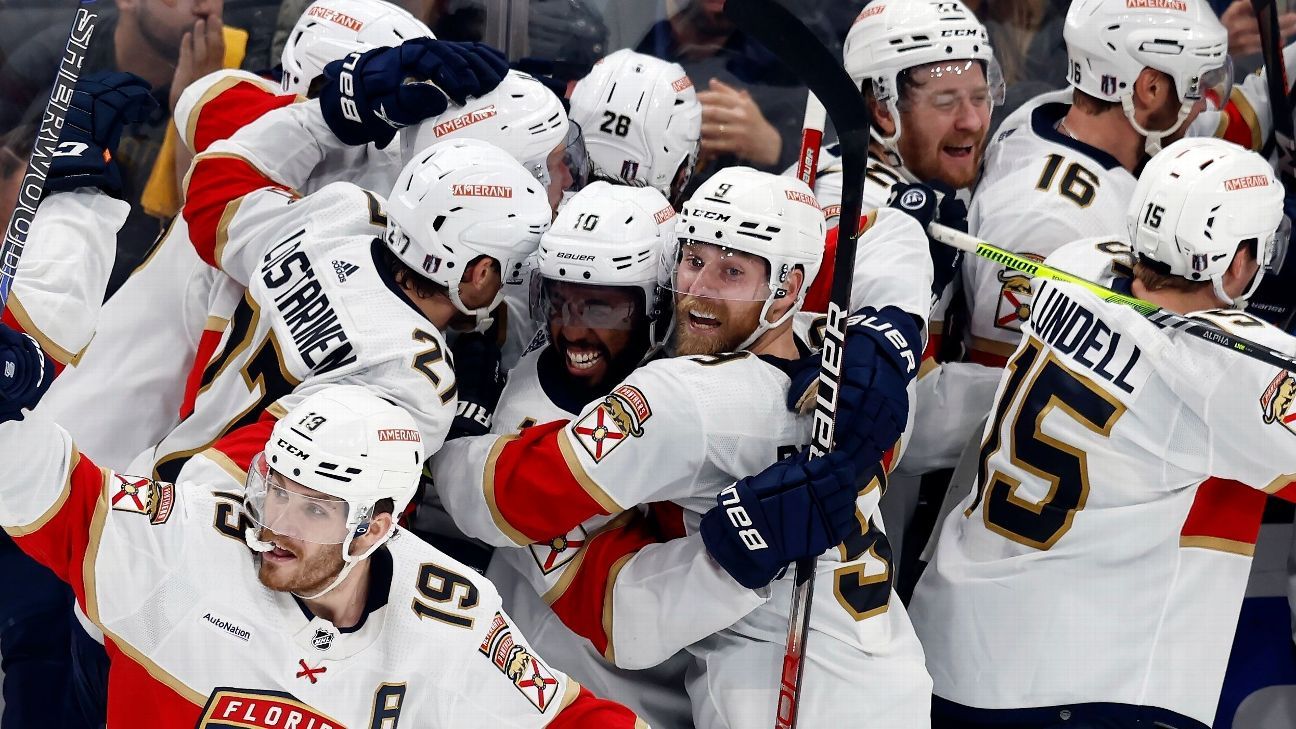 Florida Panthers center Carter Verhaeghe (23) celebrates his goal with  teammates on the bench during the second period of Game 1 of an NHL hockey  Stanley Cup second-round playoff series against the