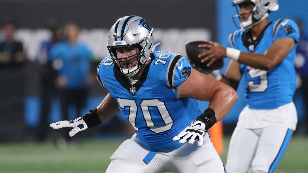 Carolina Panthers offensive tackle Brady Christensen (70) runs off