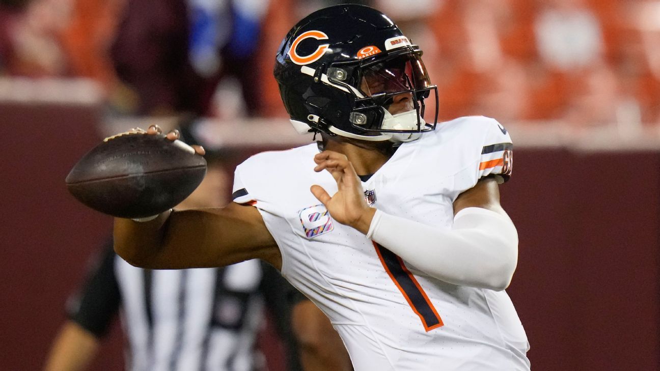 Justin Fields, do Chicago Bears, lança um caça-tanques de 20 jardas para DJ Moore