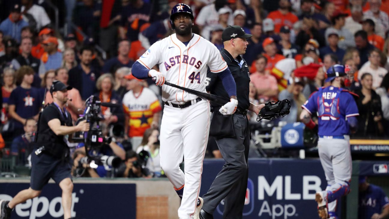 Yordan Alvarez of the Houston Astros flips his bat after hitting a News  Photo - Getty Images