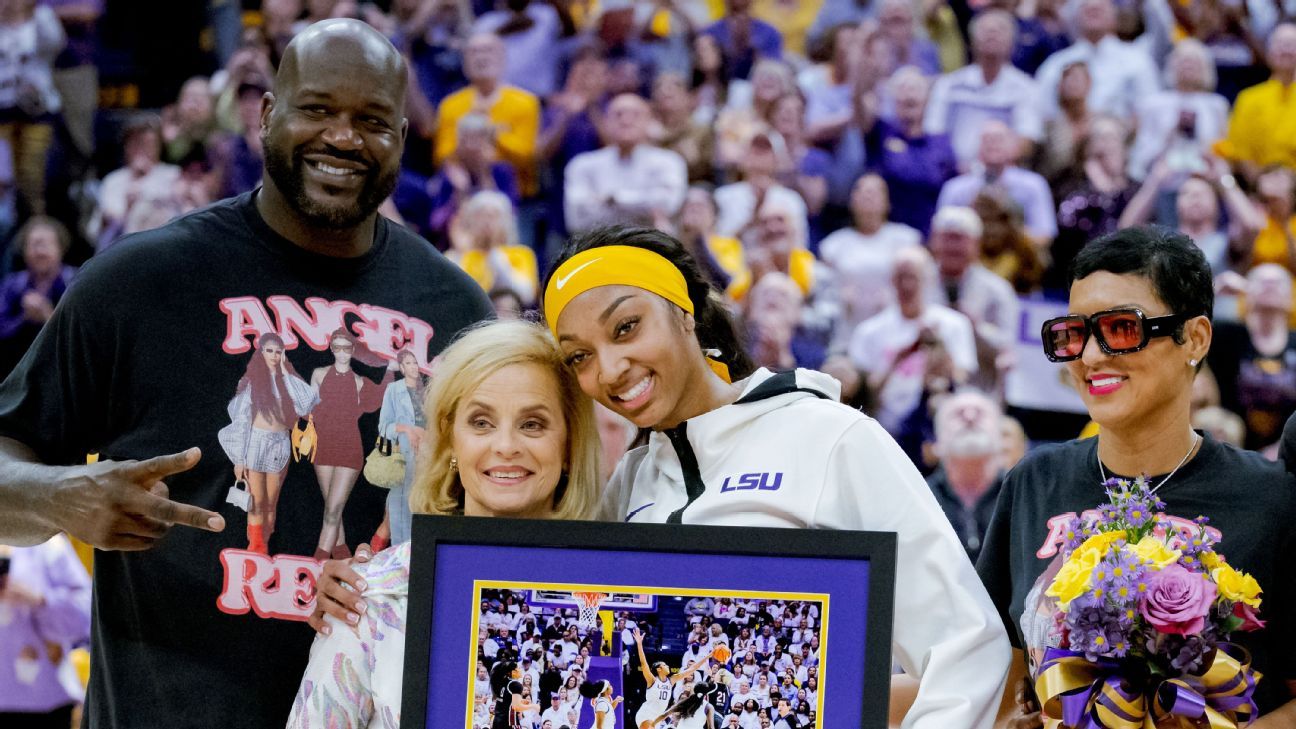 Shaq escorts Angel Reese for LSU's senior day - ESPN