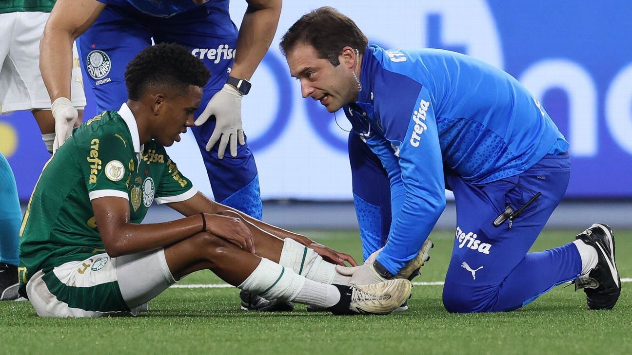 Estêvão inicia fisioterapia após sofrer torções em jogo entre Botafogo e Palmeiras.