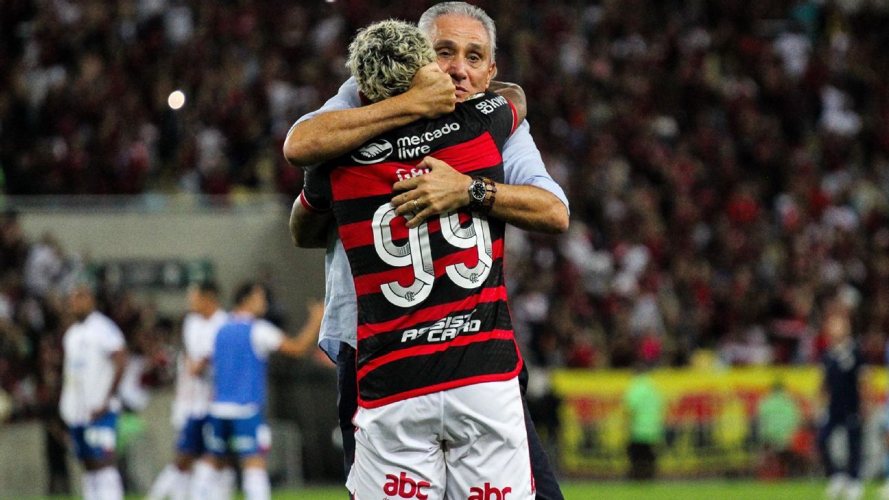 Tite e Gabigol celebram gol da vitória com entusiasmo no Flamengo.