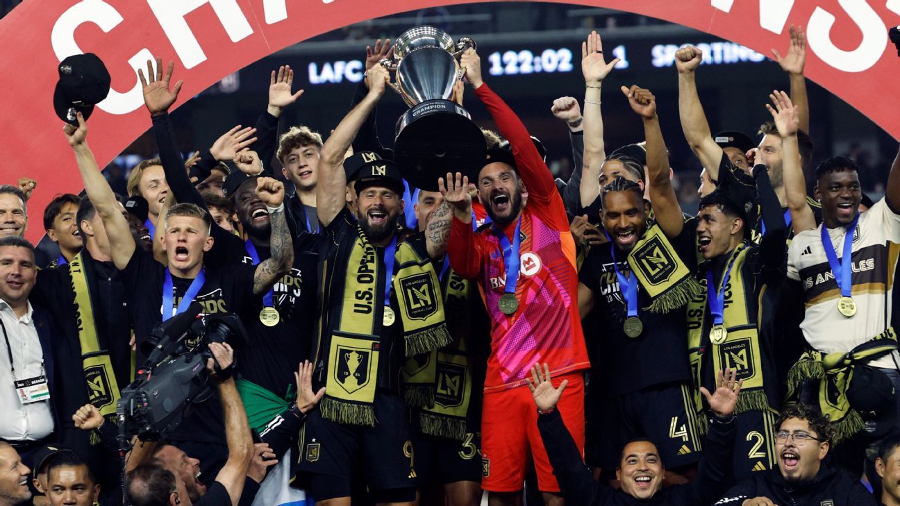 World champions Giroud and Lloris celebrate victory in the US Open Cup with LAFC