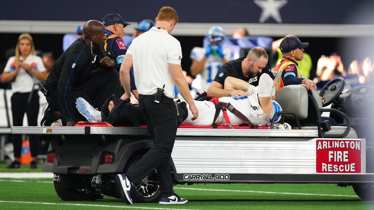 Aidan Hutchinson of the Lions had to leave the field with an apparent serious leg injury