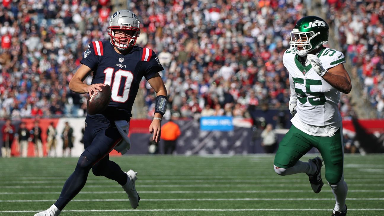 Patriots QB Drake Maye sprints for a 17-yard TD against the Jets