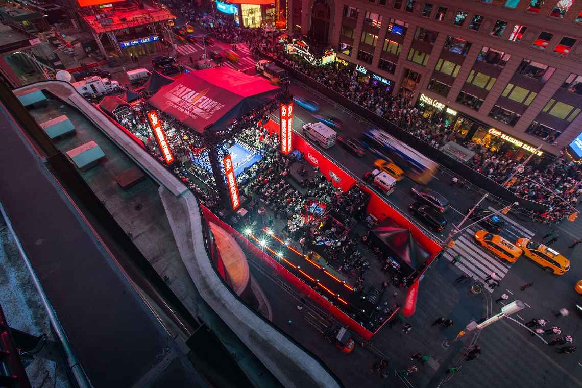 Boxing ring set up in Times Square