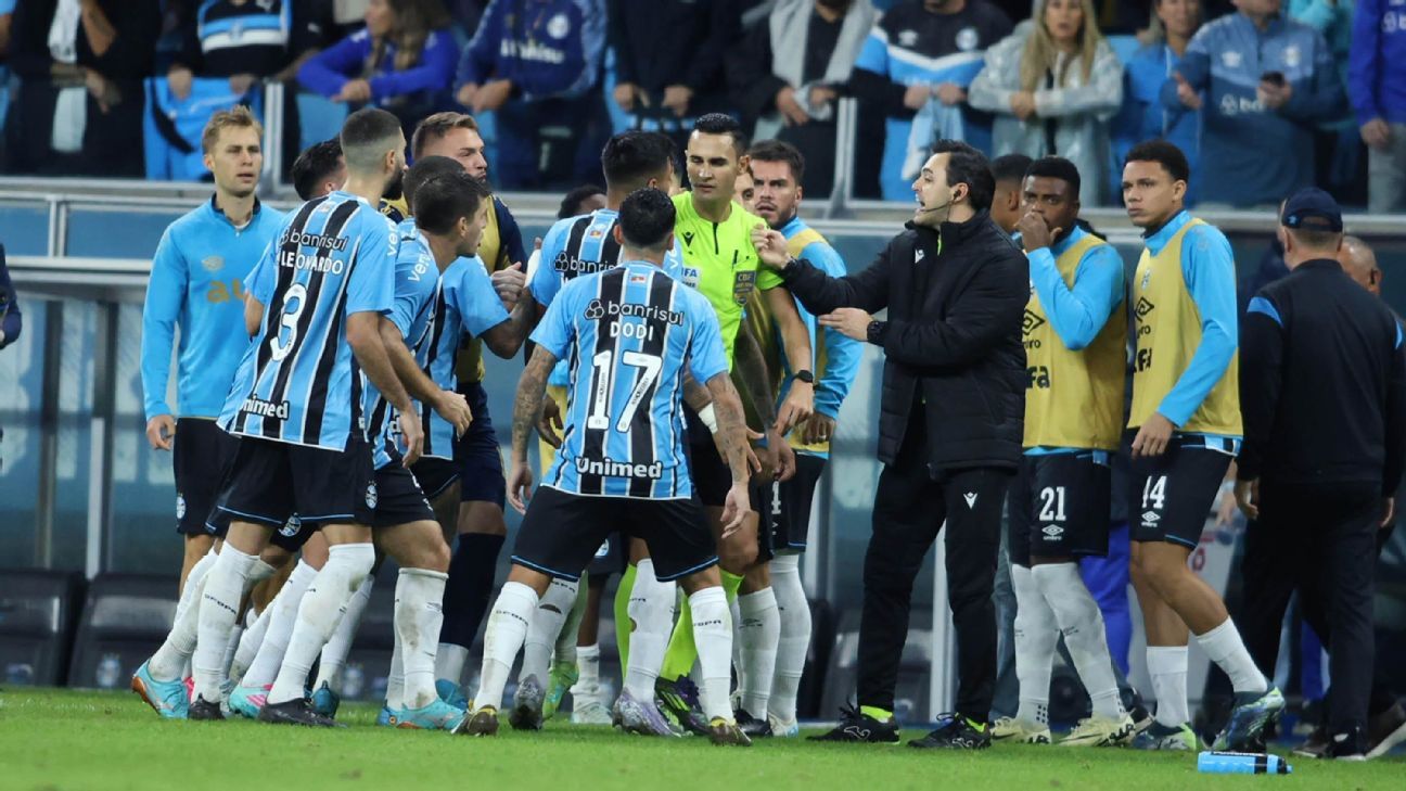 Dirigentes do Grêmio protestam contra gol anulado e confrontam árbitro.