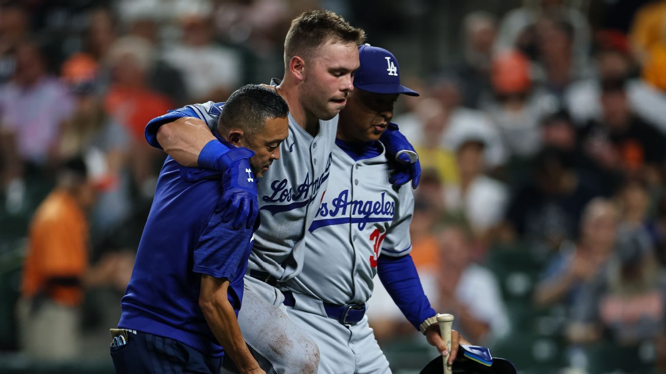 Dodgers' Rushing fouls pitch off leg, awaits scan