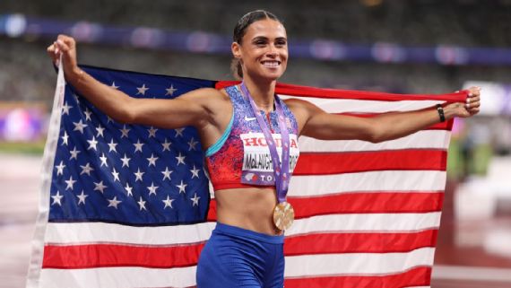Sydney McLaughlin-Levrone celebrates her win