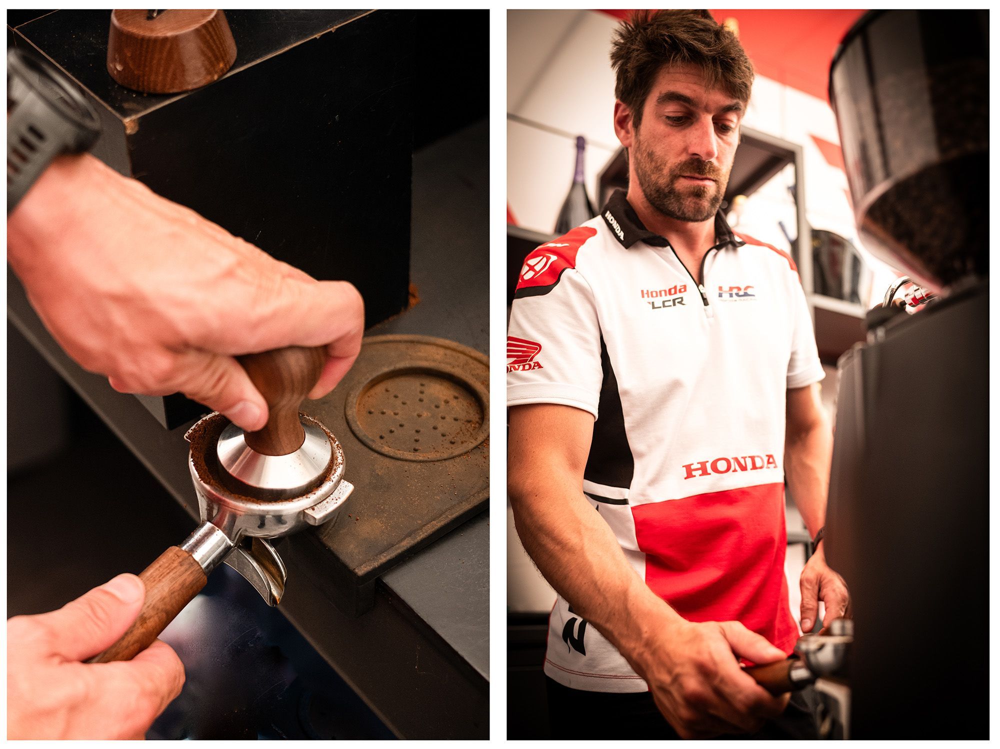 Máquina de café espresso en la unidad de hospitalidad de LCR Honda.