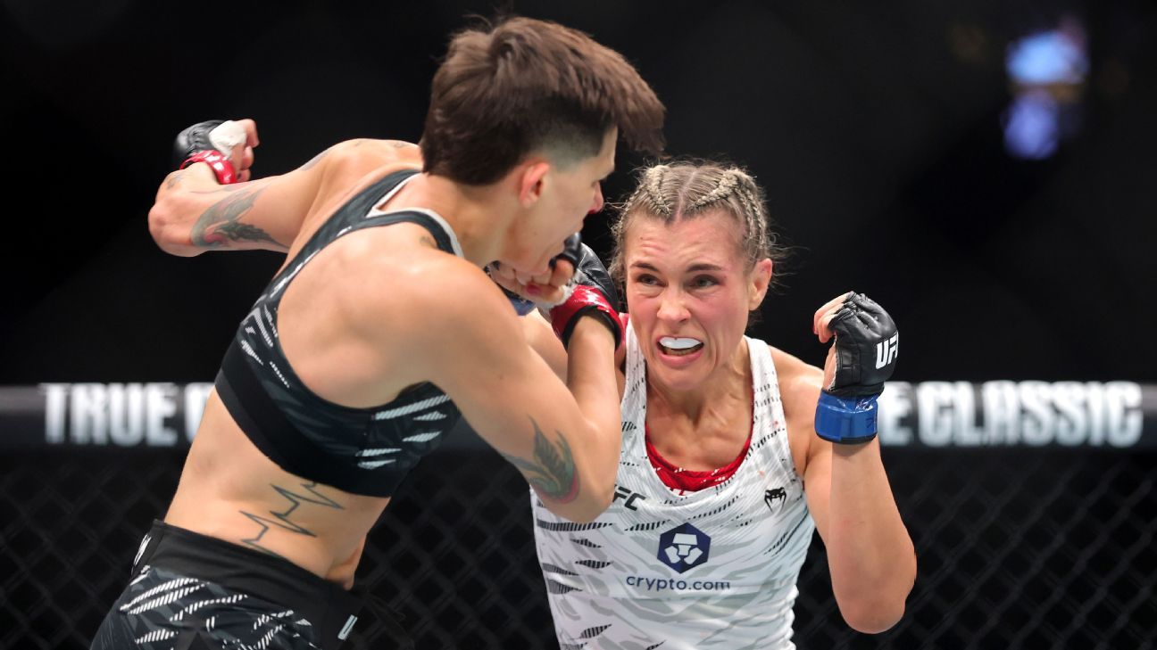 Yana Santos, right, survived a last-round charge from Macy Chiasson to get her third straight win at UFC 320.