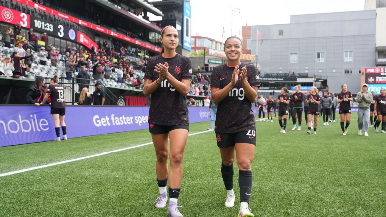 Deyna Castellanos and Mimi Alidou after a game at Providence Park in April 2025.