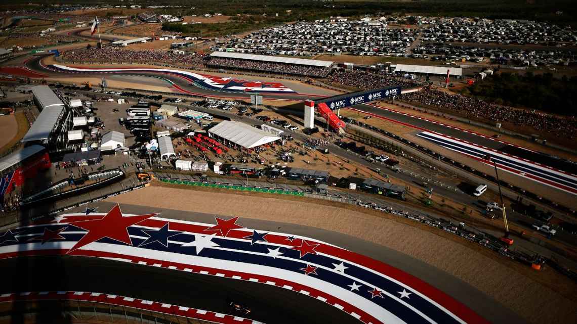 F1 cars racing at COTA`s iconic Turn 1