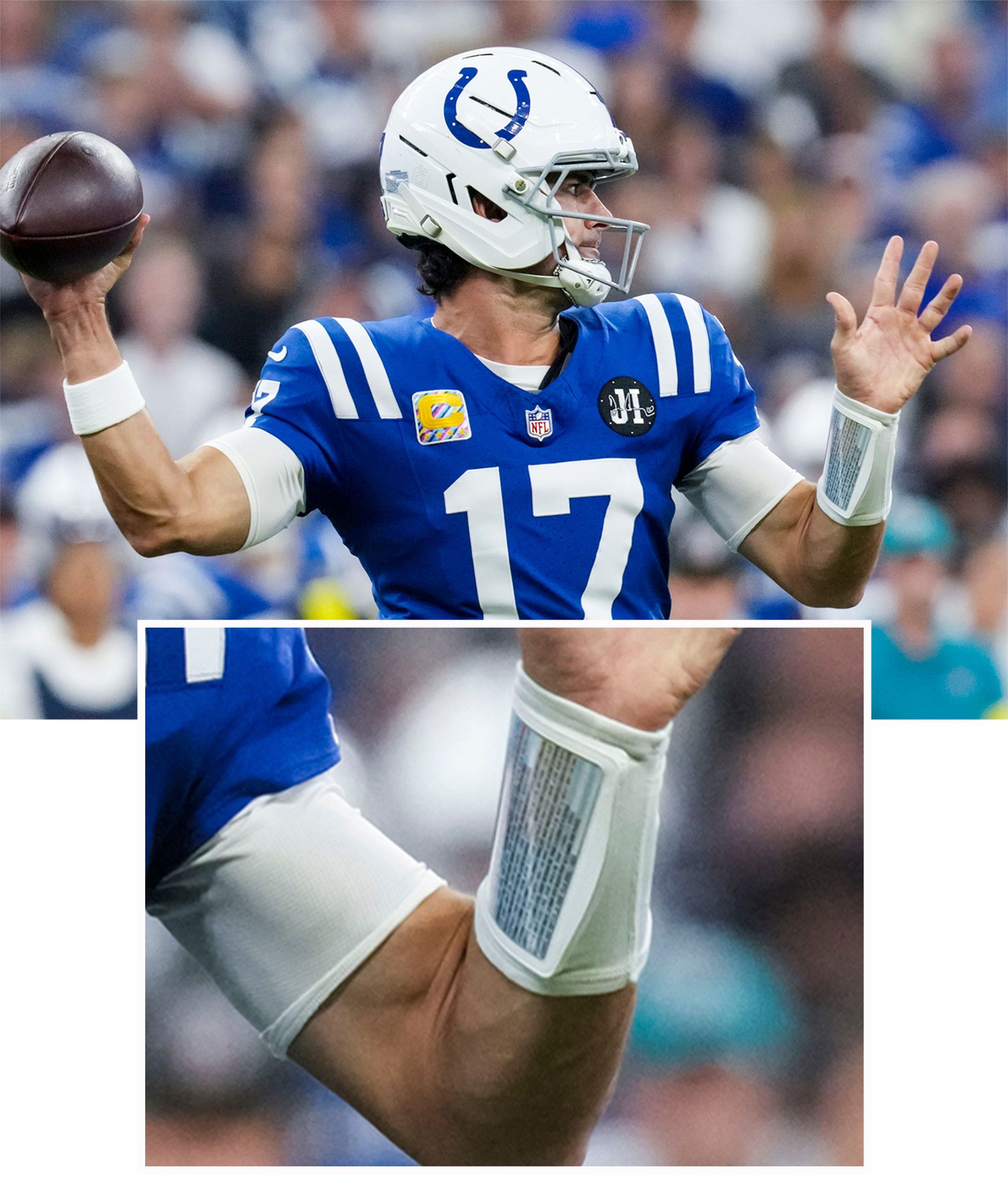 Daniel Jones, en su primera temporada con los Colts, se encuentra entre los quarterbacks de la NFL que usan una muñequera con hojas de juego.