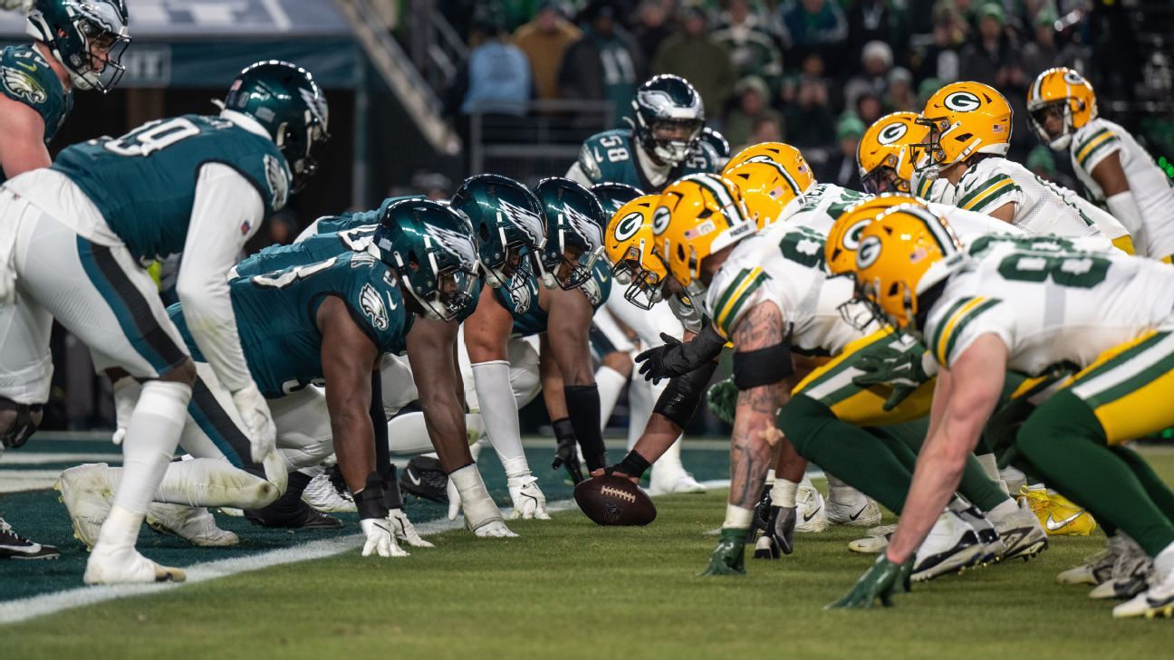 Los Packers no han intentado un tush push desde 2023. Aquí, se alinean en la línea de gol en el partido de comodines de enero contra los Eagles.