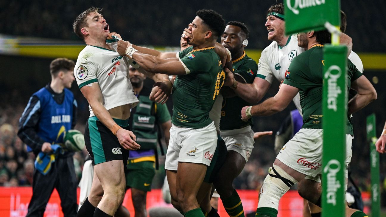 Cards, chaos and a challenge answered: South Africa remind Ireland of gap in bruising win