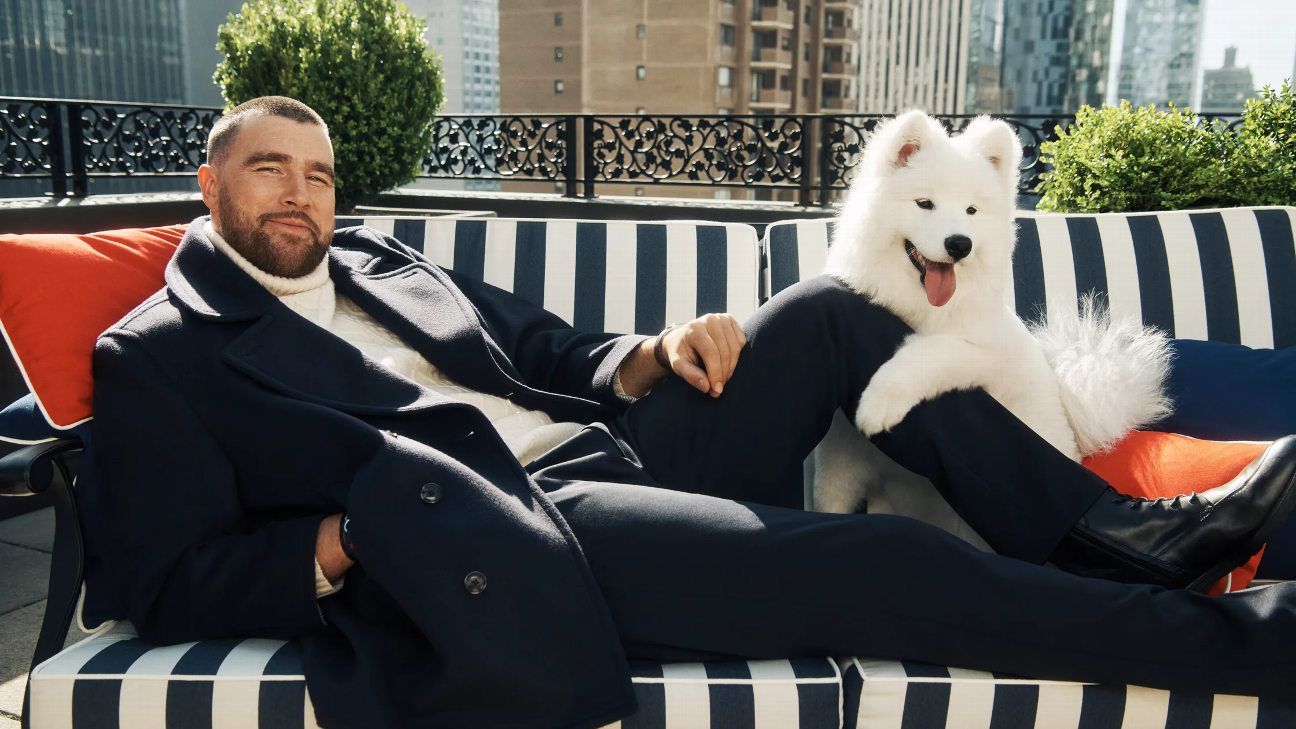Travis Kelce reveals his and Taylor Swift's dog to the world in photo shoot