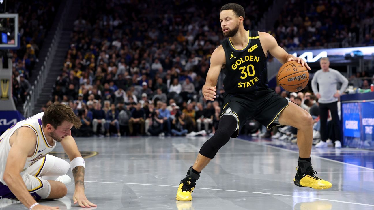 Photo: espn.com.br Stephen Curry addresses play leaving Luka Doncic on floor
