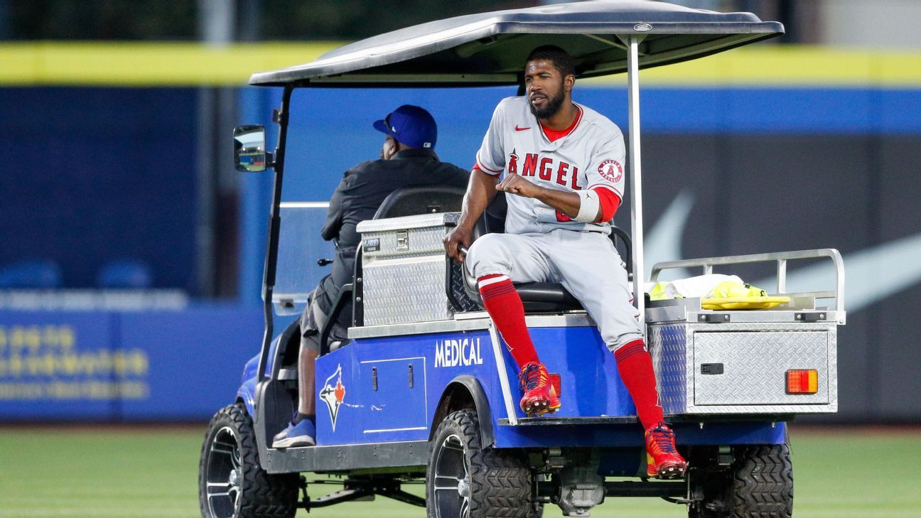 Dexter Fowler of the Los Angeles Angels comes out in the season with a broken ACL
