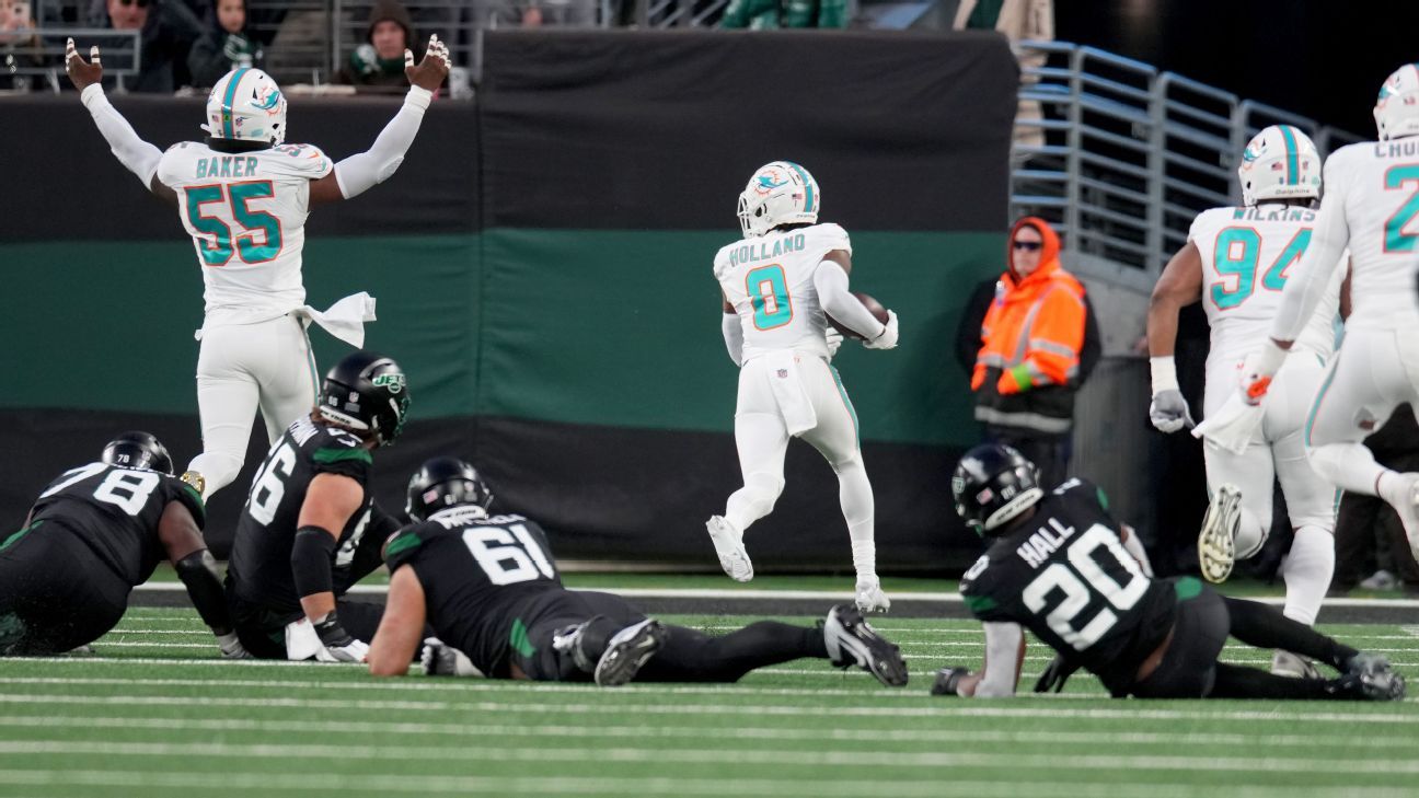 Holland excites the Dolphins with pick 6 on a Hail Mary for the Jets duds