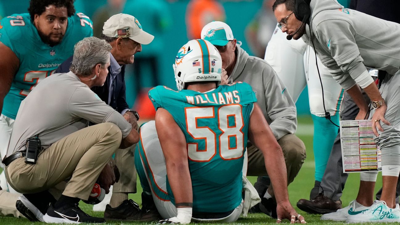 The Dolphins lose starting center Connor Williams to a torn ACL